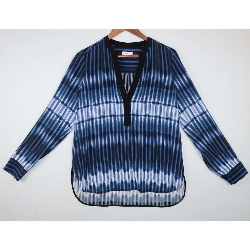 VINCE 100% SILK Black Blue White Button Front Curved Hem Blouse Top Size 12